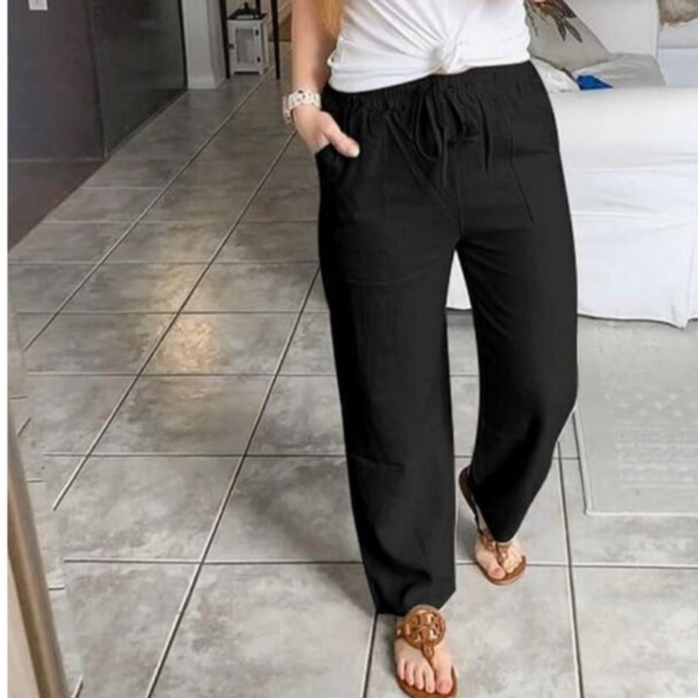 Meomua black elastic waist cropped wide leg pants size Medium Linen Cotton